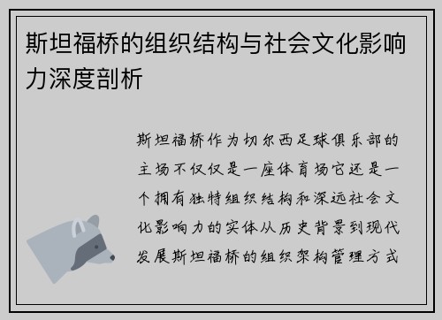 斯坦福桥的组织结构与社会文化影响力深度剖析