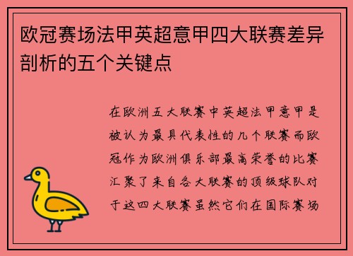 欧冠赛场法甲英超意甲四大联赛差异剖析的五个关键点