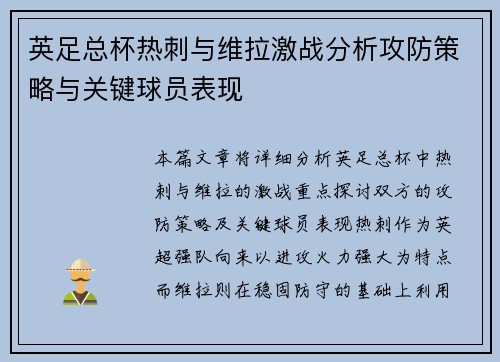 英足总杯热刺与维拉激战分析攻防策略与关键球员表现