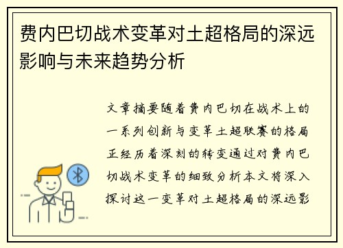 费内巴切战术变革对土超格局的深远影响与未来趋势分析