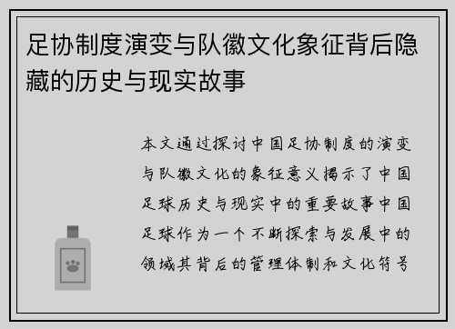足协制度演变与队徽文化象征背后隐藏的历史与现实故事