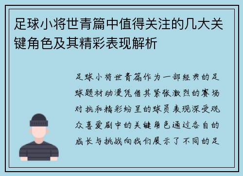 足球小将世青篇中值得关注的几大关键角色及其精彩表现解析